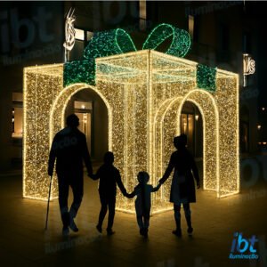 Figura Natalina Luminosa para Piso e Jardim - Caixa de Presente Dourada c/ passagem