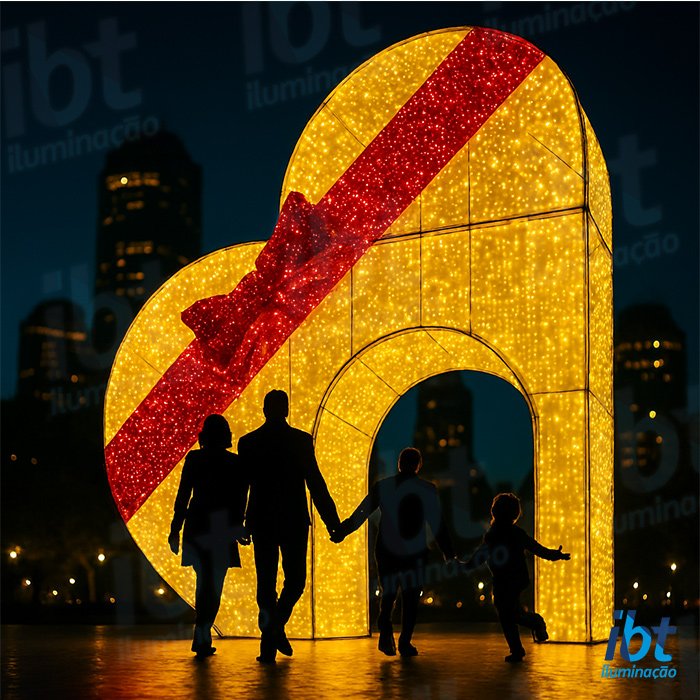 figura luminosa portico coracao dourado com passagem ibt iluminacao